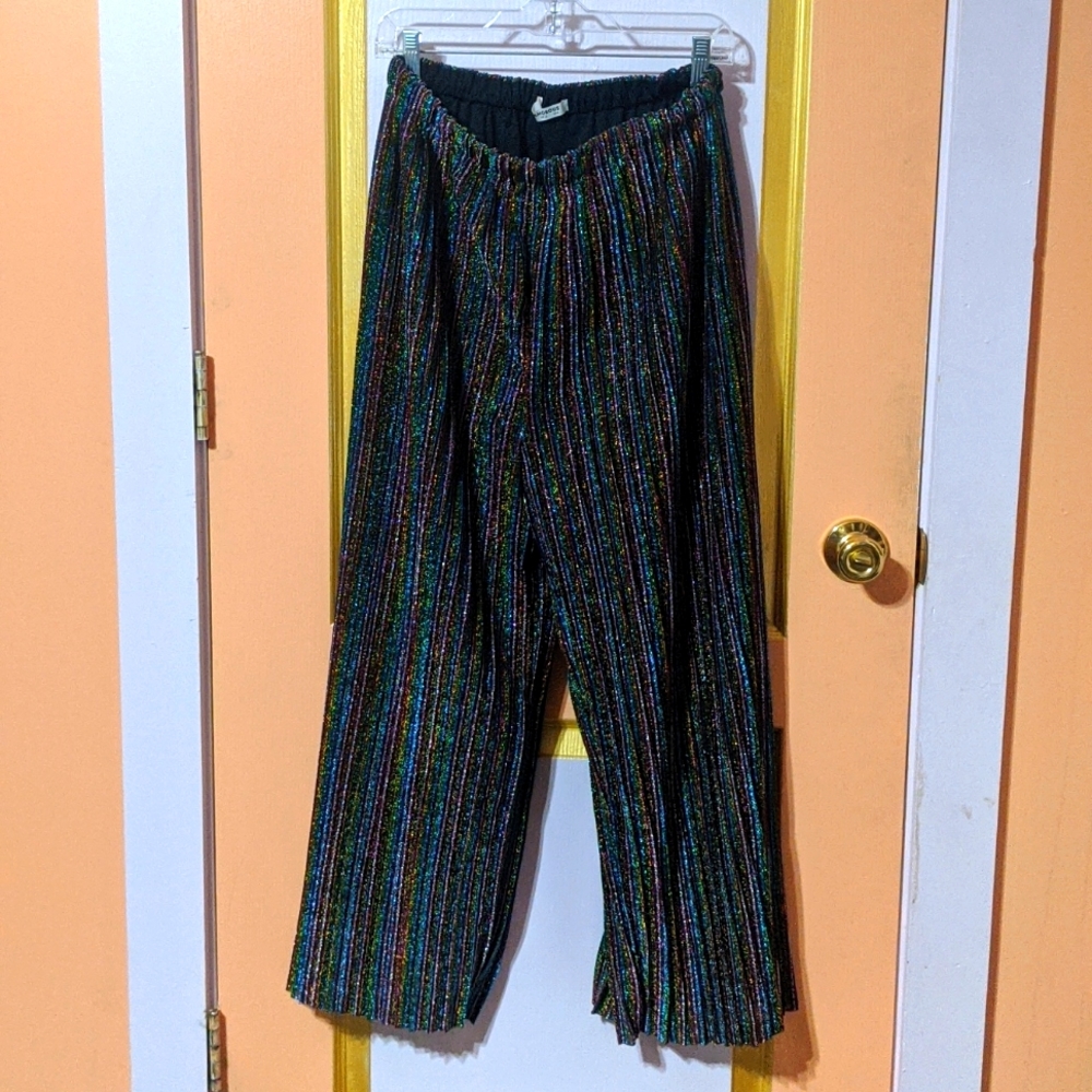 Wide leg, rainbow, sparkly, glamorous elastic waist party pants